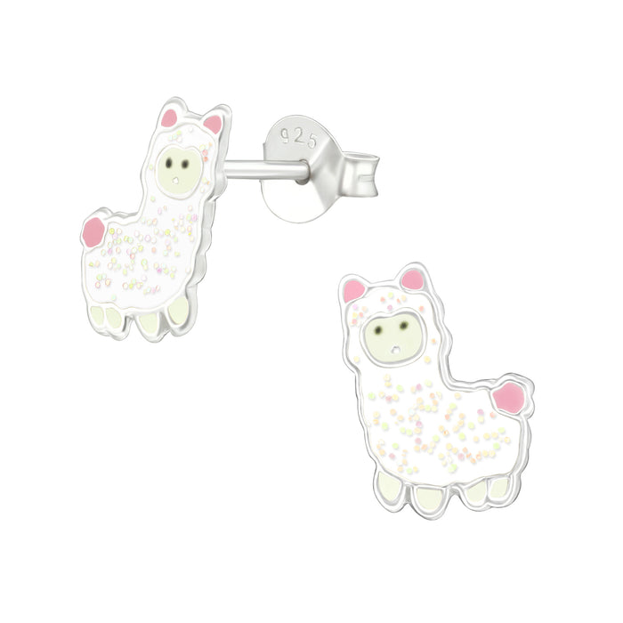 Joy|S - Zilveren Alpaca oorbellen - 7 x 10 mm - wit met glitter en roze oortjes