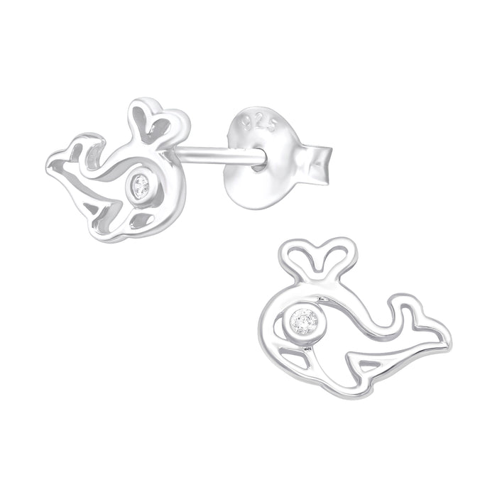 Joy|S - Zilveren walvis oorbellen - 8 x 7 mm - zirkonia - vis - kinderoorbellen