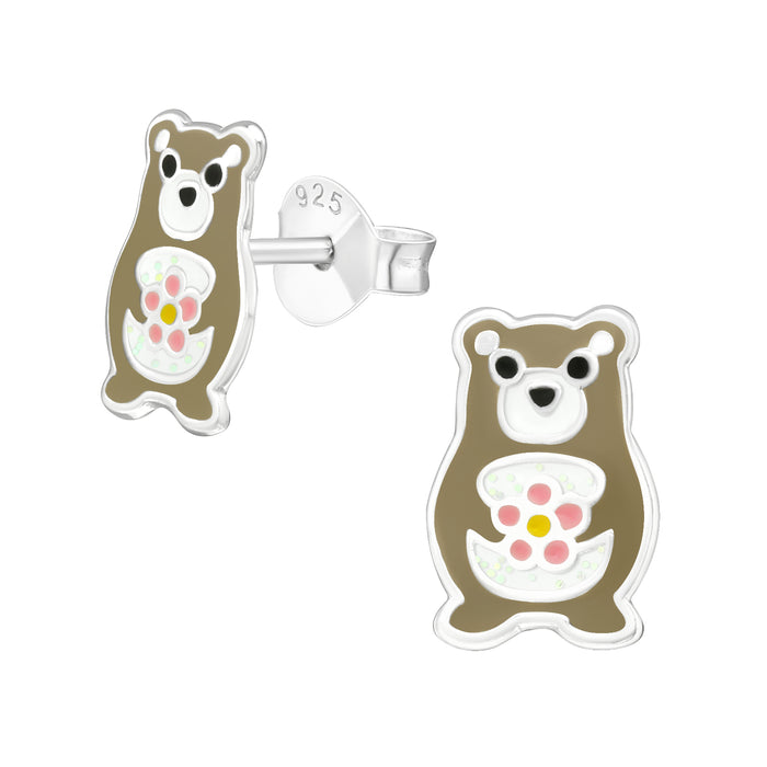 Joy|S - Zilveren beer oorbellen - 6 x 9 mm - met bloemetje - kinderoorbellen