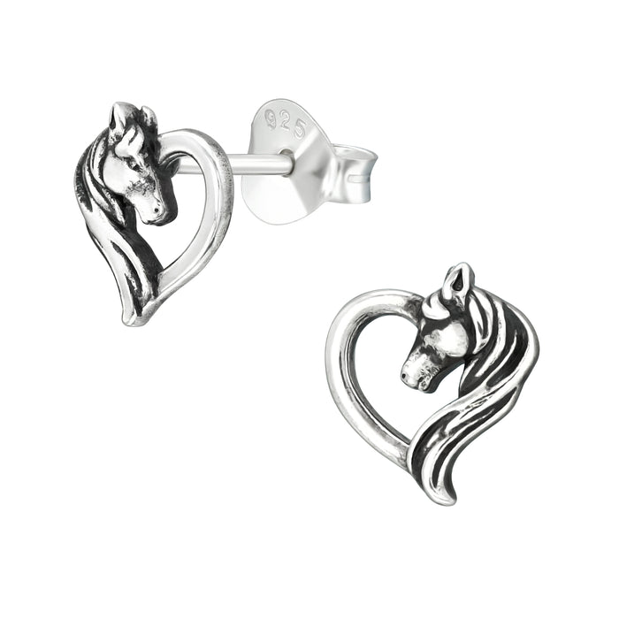 Joy|S - Zilveren paard hart oorbellen - hartje - 8 x 9 mm - geoxideerd