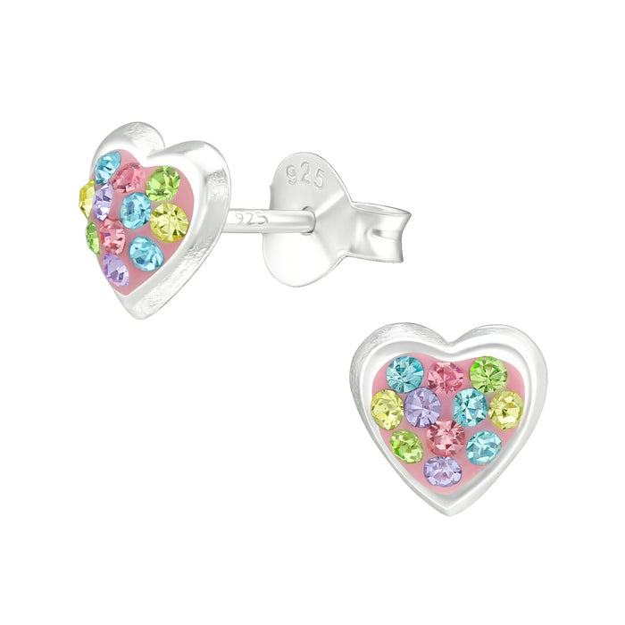 Joy|S - Zilveren hartje oorbellen - 6 mm - roze met kristal multicolor