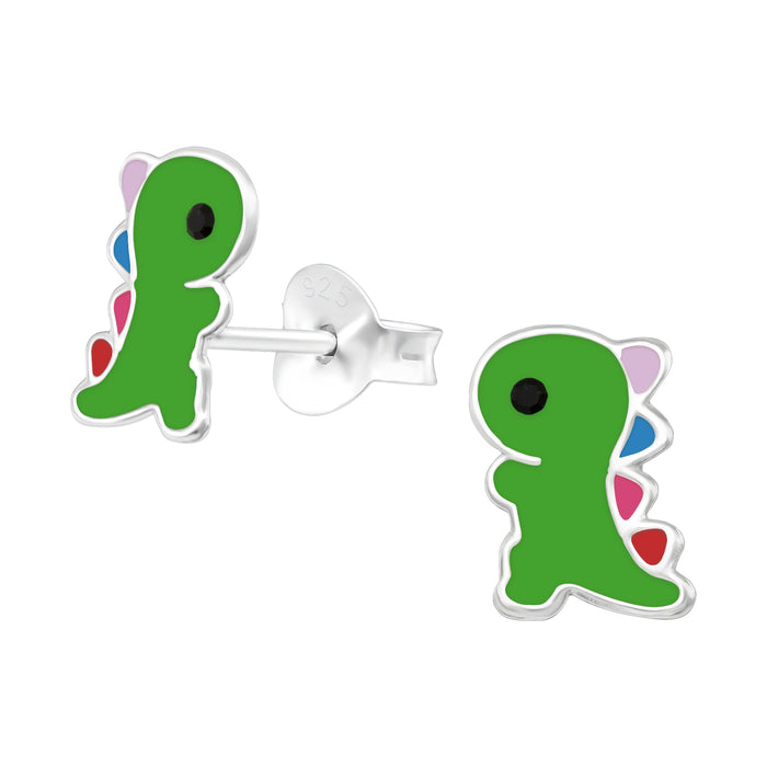 Joy|S - Zilveren dino oorbellen - groene dinosaurus