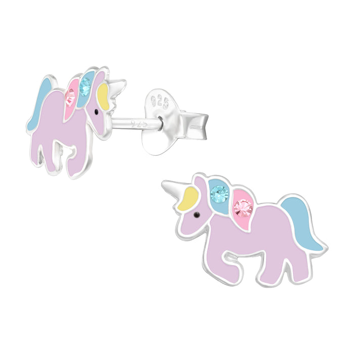 Joy|S - Zilveren eenhoorn oorbellen paars - 12 x 8 mm - met kristal - unicorn