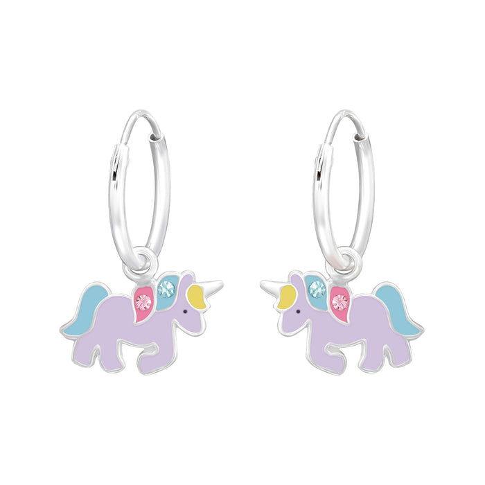 Joy|S - Zilveren eenhoorn bedel oorbellen - paars met kristal - unicorn oorringen
