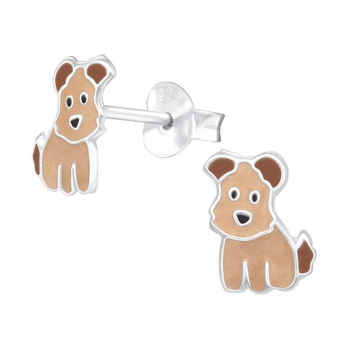 Joy|S - Zilveren hond oorbellen - bruin - 6 x 8 mm