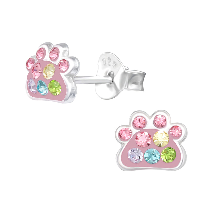 Joy|S - Zilveren kat hond dierenpoot oorbellen - roze met kristal multicolor - 7 x 5 mm - poot afdruk
