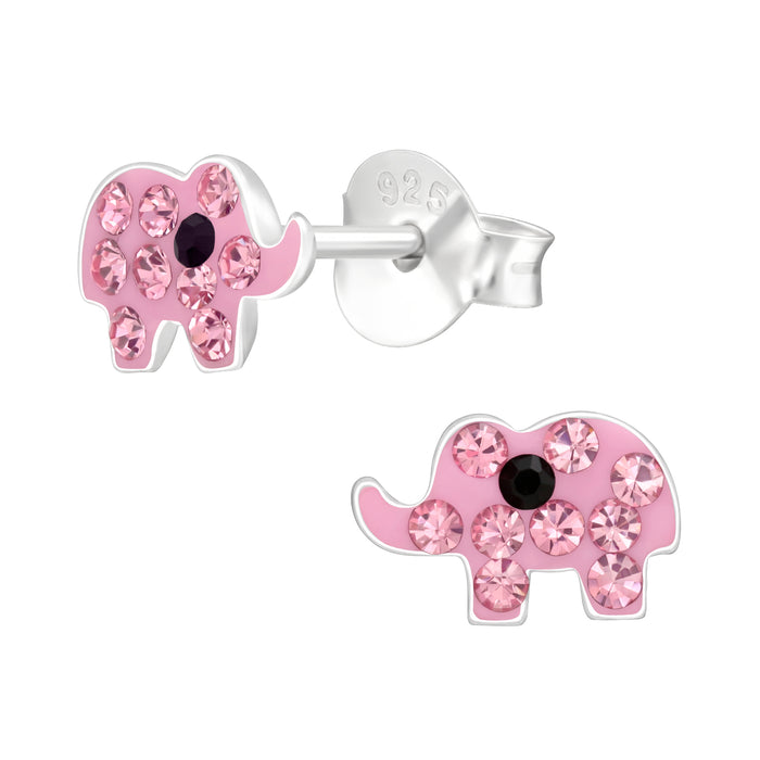 Joy|S - Zilveren olifant oorbellen - roze met roze kristal - 8 x 6 mm - kinderoorbellen
