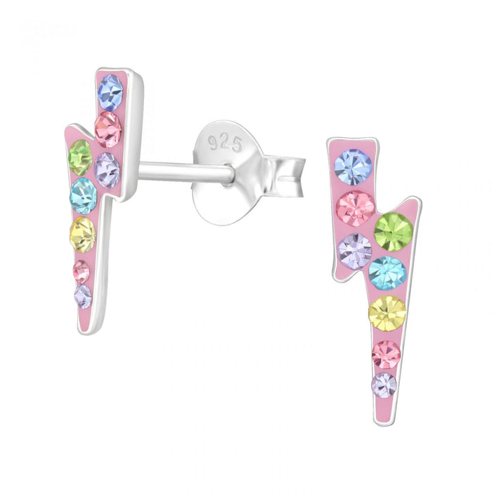 Joy|S - Zilveren bliksem oorbellen - 4 x 11 mm - roze met multicolor kristal - kinderoorbellen