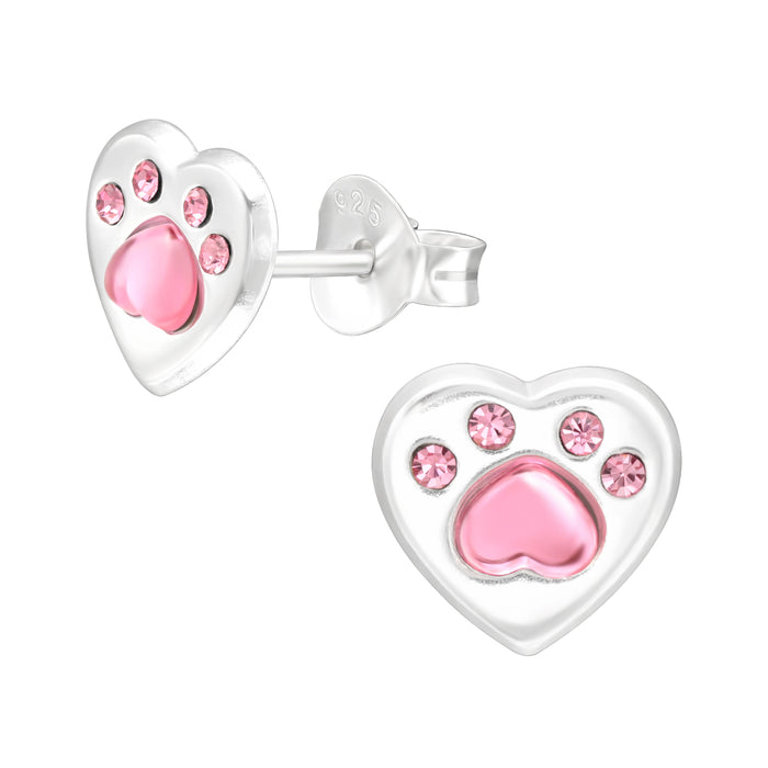 Joy|S - Zilveren hartje oorbellen - met dierenpoot roze met kristal - 8 x 7 mm - poot afdruk