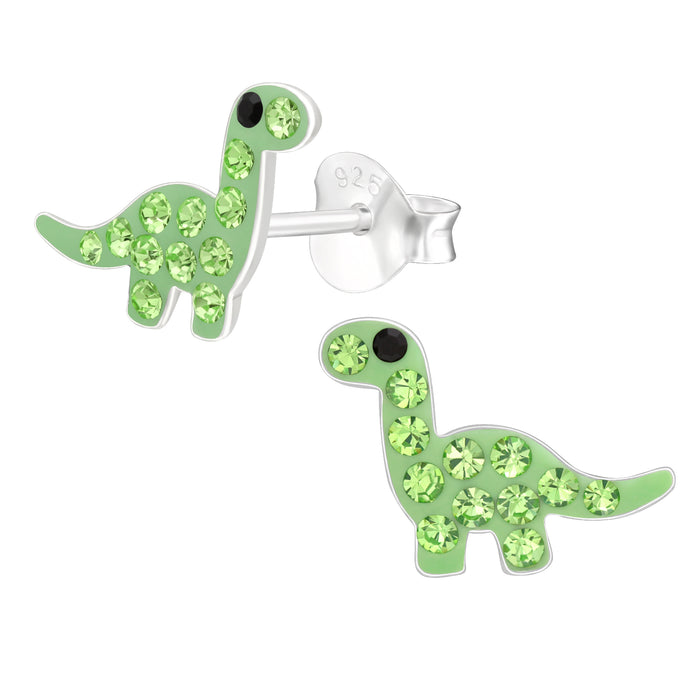 Joy|S - Zilveren dino oorbellen - groen met groen kristal - 10 x 8 mm - dinosaurus