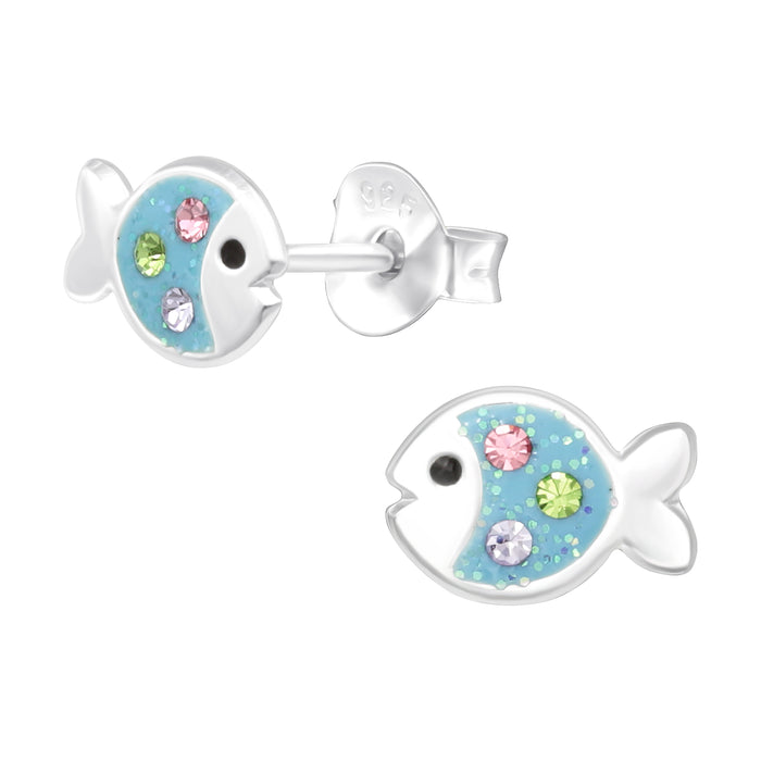 Joy|S - Zilveren vis oorbellen - 7 x 5 mm - zilver blauw met glitter - kristal - kinderoorbellen