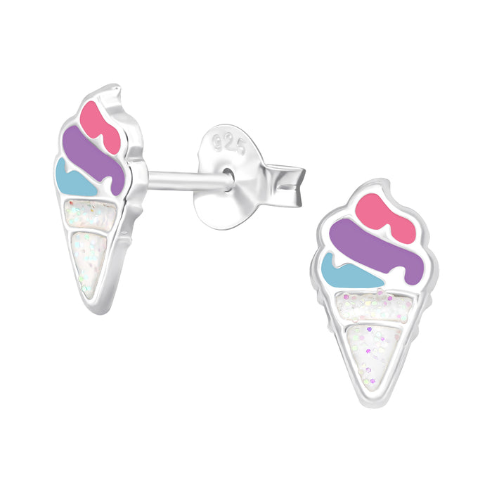 Joy|S - Zilveren ijsje oorbellen - 5 x 10 mm - blauw paars roze met glitter