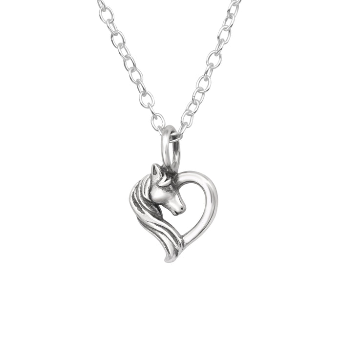 Joy|S - Zilveren hartje hanger - paard - inclusief ketting 45 cm - geoxideerd - kinderketting