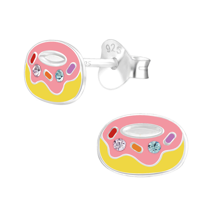 Joy|S - Zilveren donut oorbellen - 8 x 6 mm - geel roze met kristal - kinderoorbellen