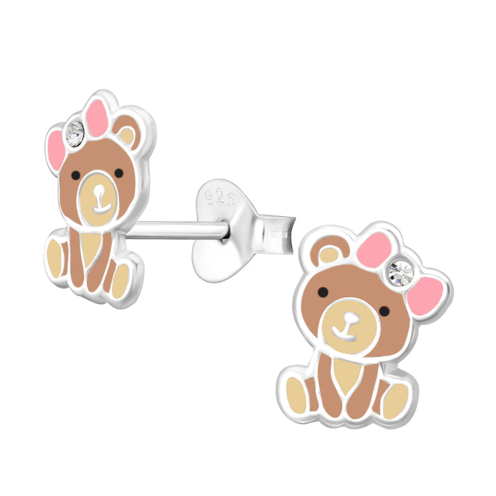 Joy|S - Zilveren baby beer oorbellen - bruin met roze strikje - 7 x 9 mm - kinderoorbellen
