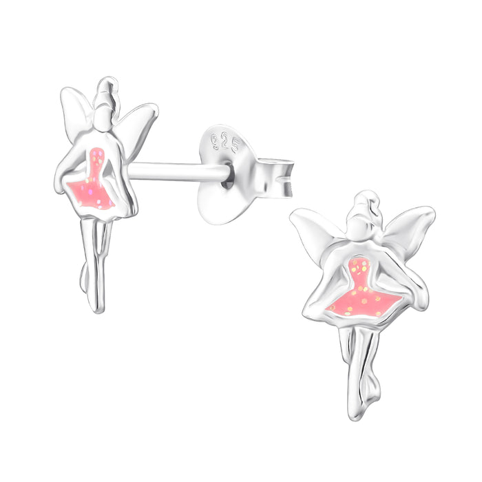 Joy|S - Zilveren elfje oorbellen - zilver met roze en glittertjes - 7 x 11 mm - fee oorknoppen - kinderoorbellen
