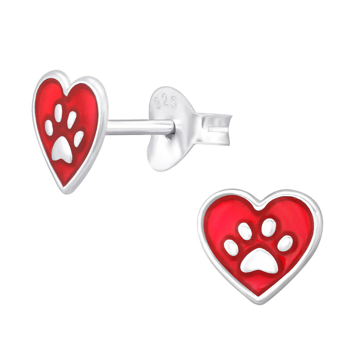 Joy|S - Zilveren hartje oorbellen - rood zilver met kat / hond dierenpoot - 7 mm - poot afdruk - kinderoorbellen