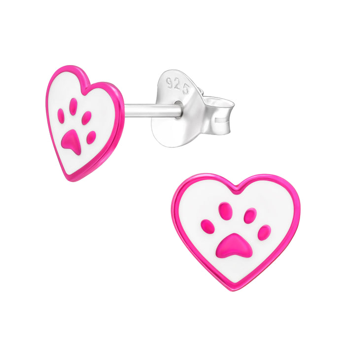 Joy|S - Zilveren hartje oorbellen - 7 x 6.5 mm - dierenpoot - roze wit - poot afdruk - kinderoorbellen