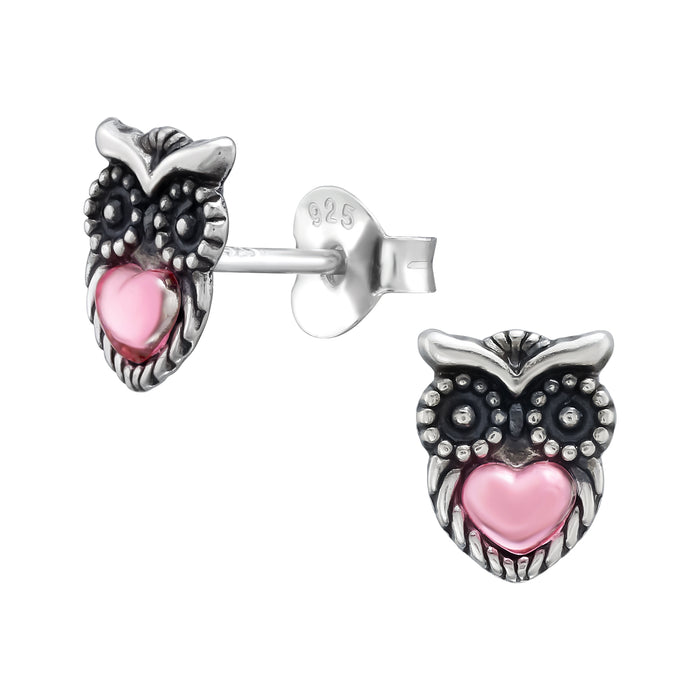 Joy|S - Zilveren uil oorbellen - 6 x 8 mm - met roze hartje - geoxideerd - oorknoppen