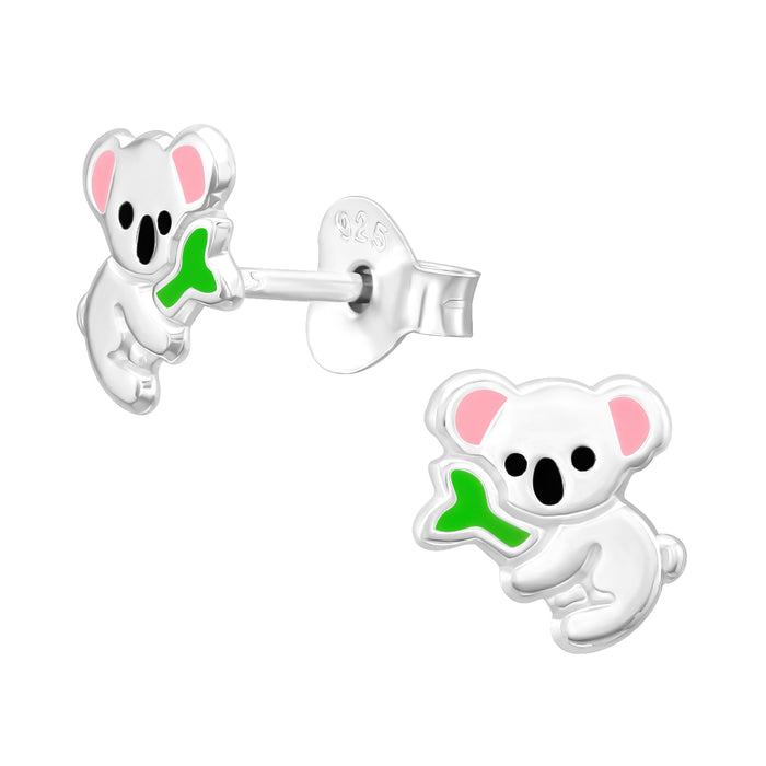 Joy|S - Zilveren koala oorbellen - zilver met roze oortjes - bamboe groen - 7.3 mm - kinderoorbellen