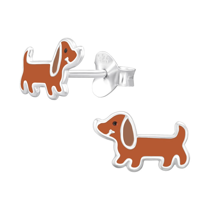 Joy|S - Zilveren hond oorbellen - 9.7 x 6 mm - bruine teckel - kinderoorbellen