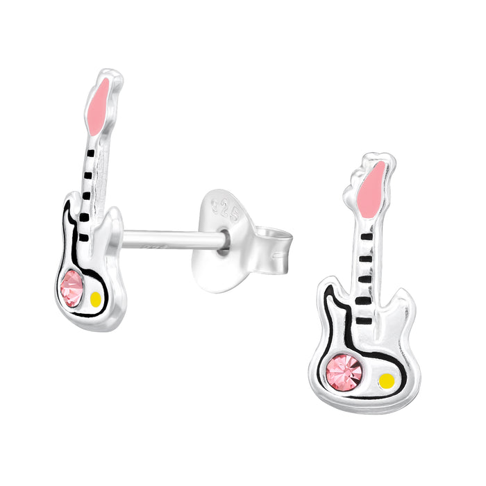 Joy|S - Zilveren gitaar oorbellen - zilver met roze - 5 x 11.5 mm - oorknoppen