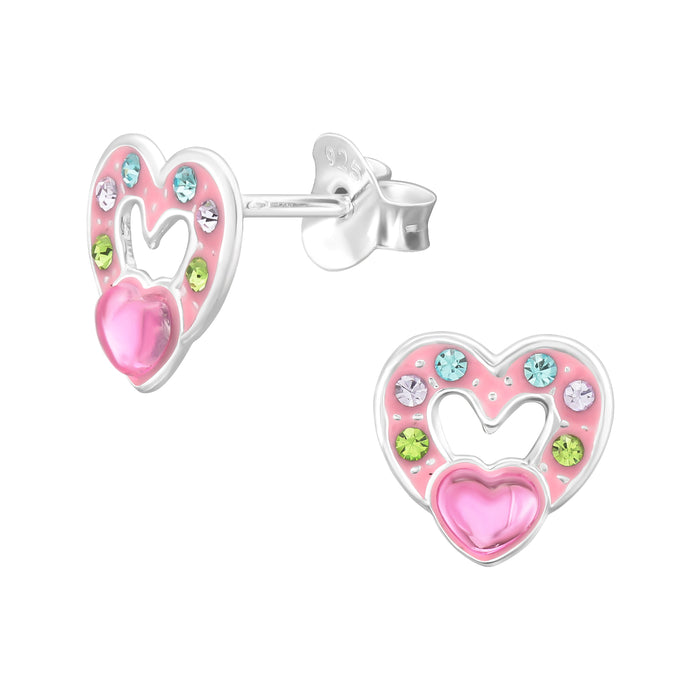 Joy|S - Zilveren hartje oorbellen - met roze hartje (erop) - kristal multicolor - 8 x 8.5 mm - kinderoorbellen