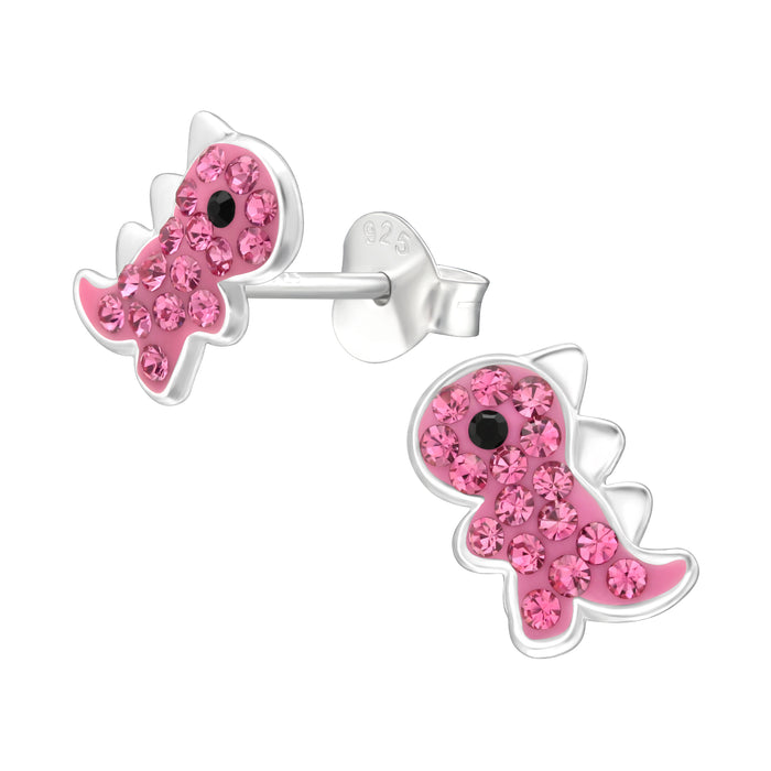 Joy|S - Zilveren dino oorbellen - 6 x 7 mm - roze - dinosaurus oorknoppen