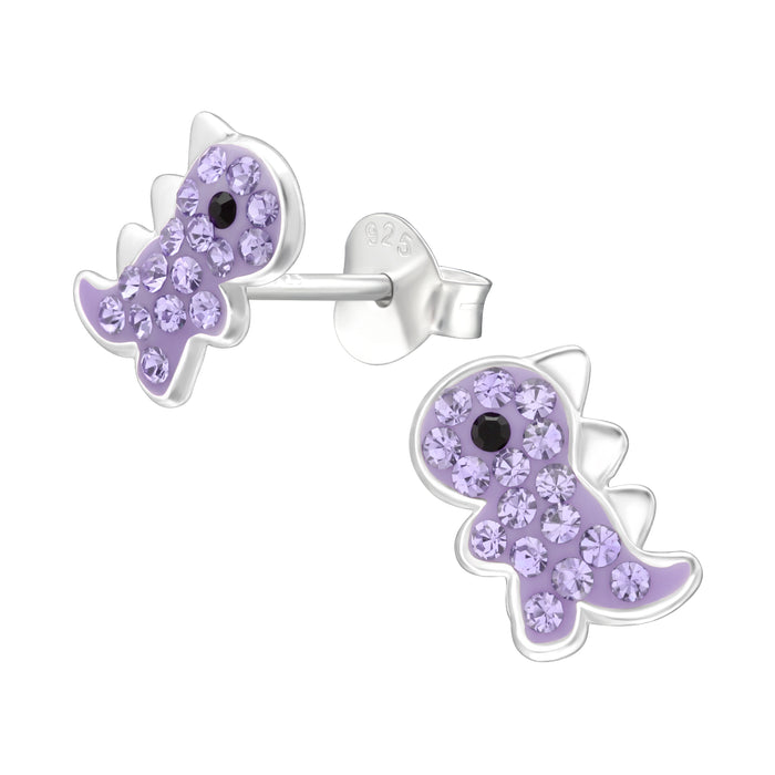 Joy|S - Zilveren dino oorbellen - 6 x 7 mm - paars - dinosaurus oorknoppen
