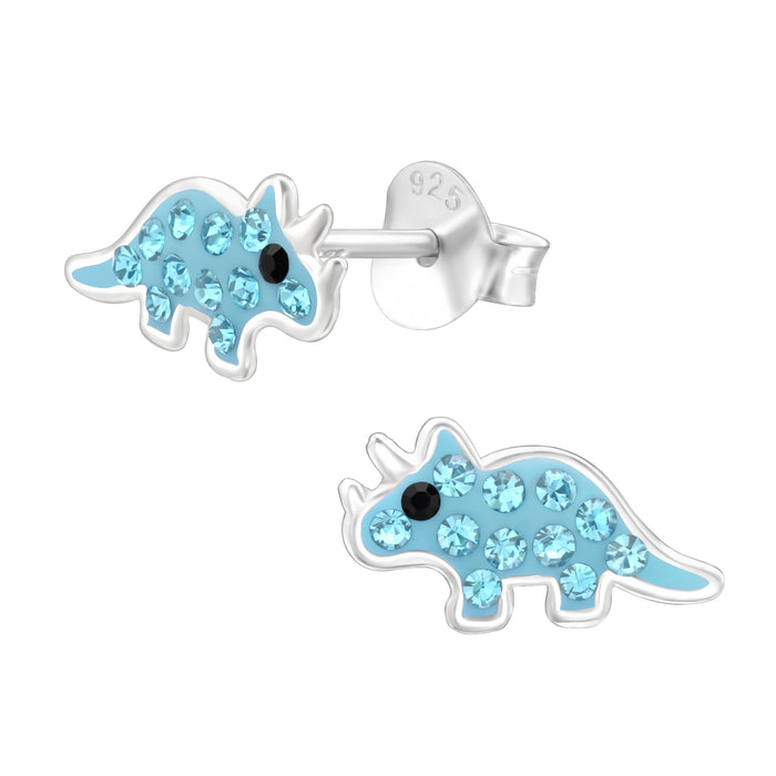 Joy|S - Zilveren dino oorbellen - 6 x 10.5 mm - blauw - dinosaurus oorknoppen