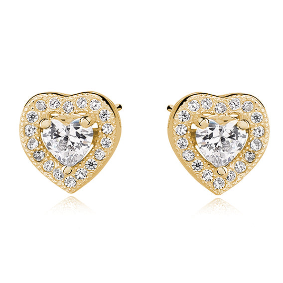 Joy|S - Zilveren elegante hartjes oorbellen - 8 mm - zirkonia - goudplating