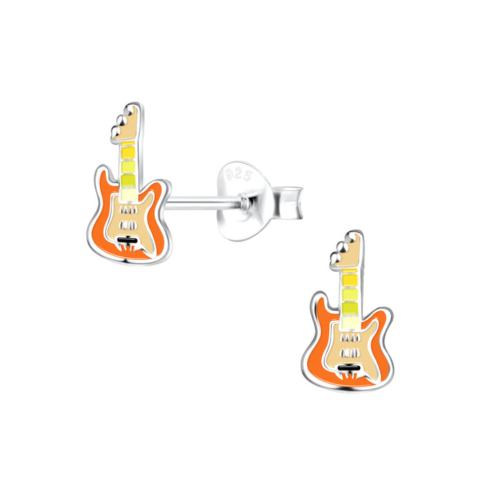 Joy|S - Zilveren gitaar oorbellen - 5 x 9 mm - oranje geel - kinderoorbellen