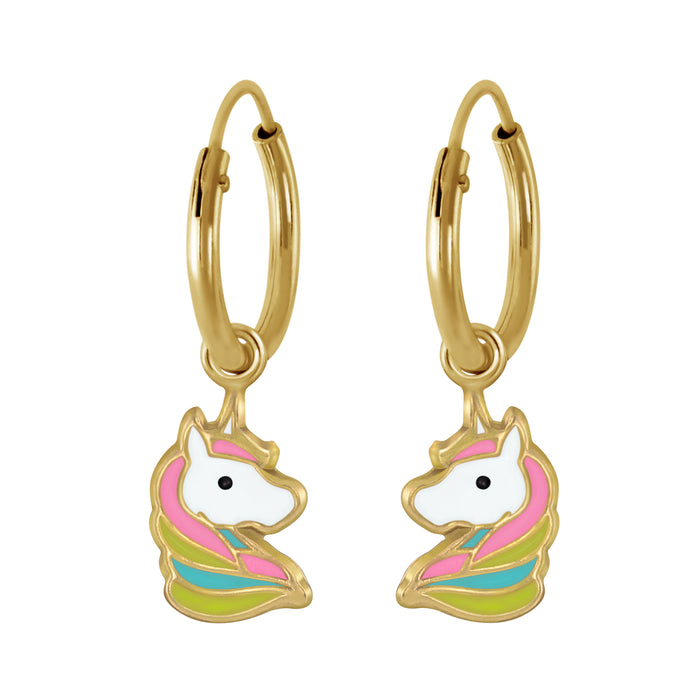 Joy|S - Zilveren eenhoorn bedel oorbellen unicorn multicolor - goudplating