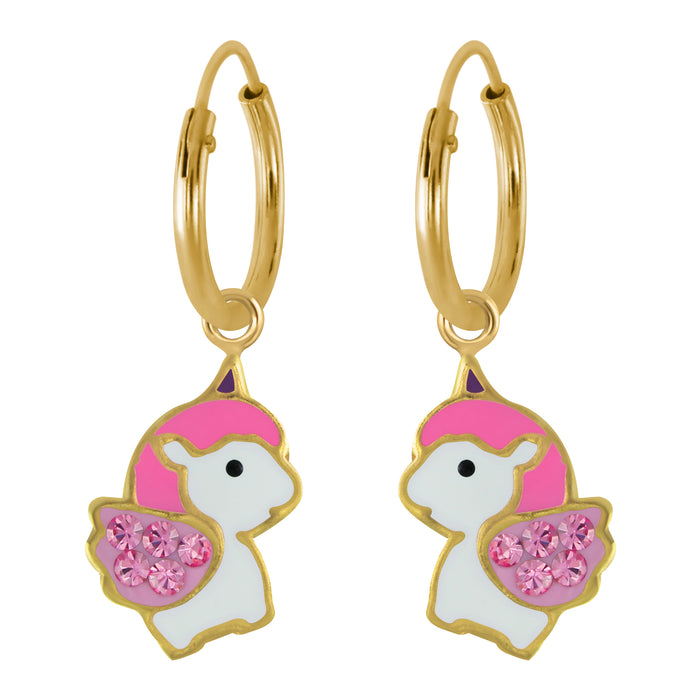 Joy|S - Zilveren baby unicorn oorbellen eenhoorn oorringen roze kristal roze - goudplating