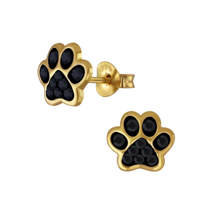 Joy|S - Zilveren kat hond dierenpoot oorbellen kristal zwart - goudplating