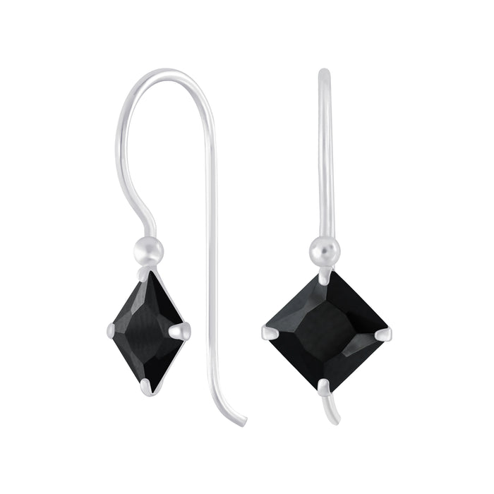 Joy|S - Zilveren square ruit oorhangers - zwart zirkonia - oorbellen
