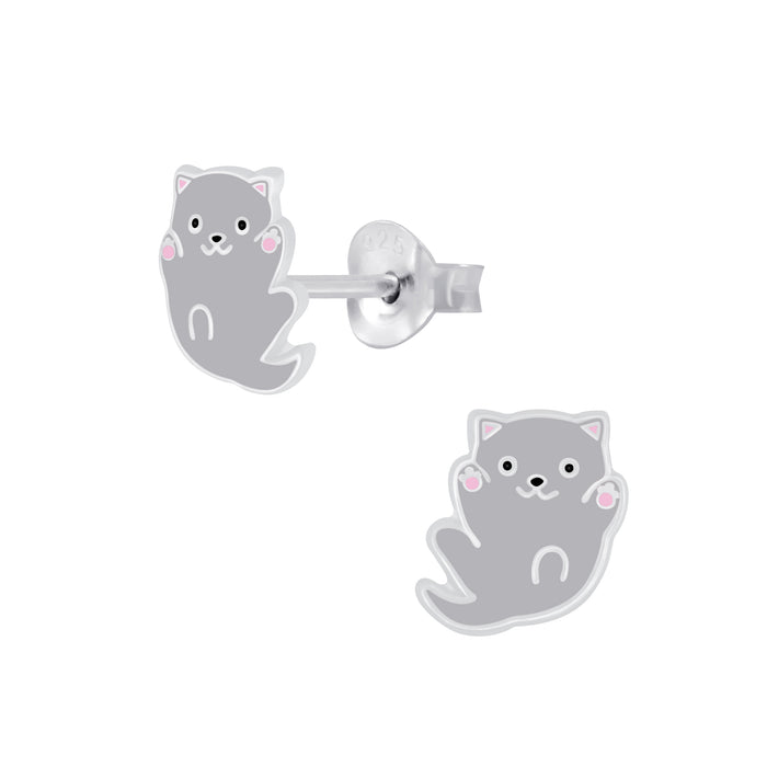 Joy|S - Zilveren kat poes oorbellen 8 mm kitten grijs