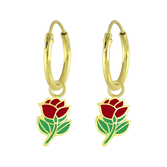 Joy|S - Zilveren rode roos bloem bedel oorbellen - rood roosje - oorringen - goudplating