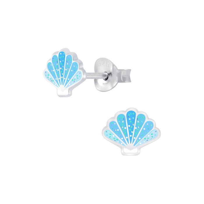 Joy|S - Zilveren schelp oorbellen - glittertjes - blauw - 8 x 6 mm