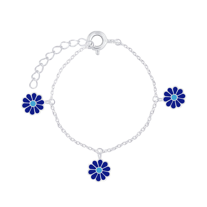Joy|S - Zilveren Madelief bloem bedel armband - 3 blauwe bloemetjes