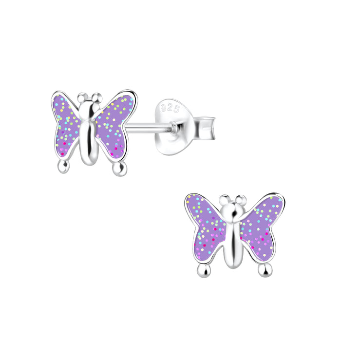 Joy|S - Zilveren vlinder oorbellen - paars met glitter