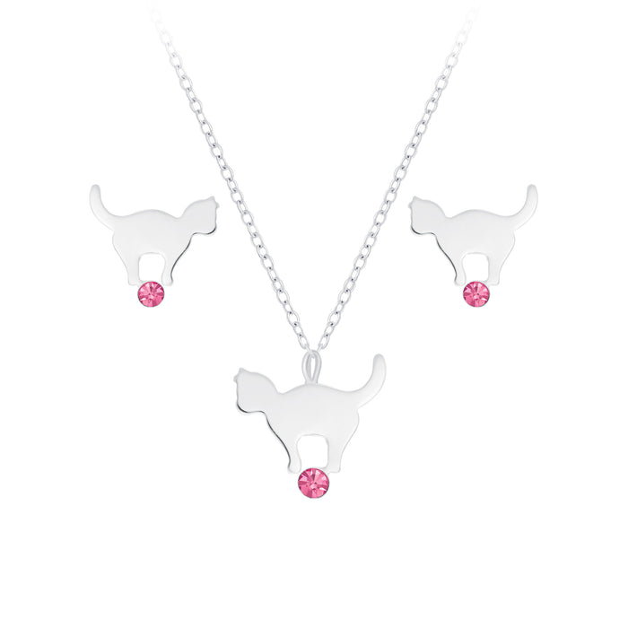 Joy|S - Zilveren kat poes hanger met ketting en oorbellen kristal roze set