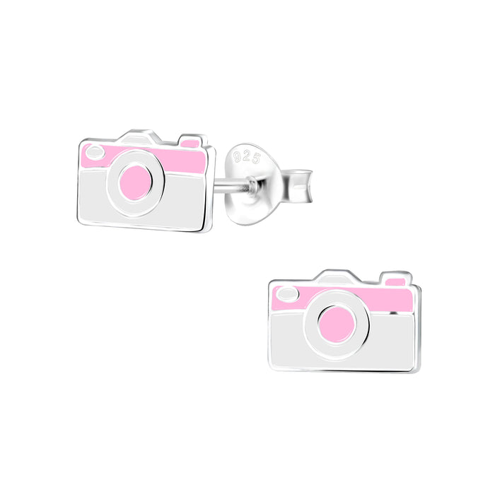 Joy|S - Zilveren fototoestel oorbellen - roze wit - foto camera