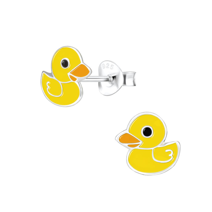 Joy|S - Zilveren eend oorbellen - 8 x 7 mm - geel eendje oorknoppen - kinderoorbellen