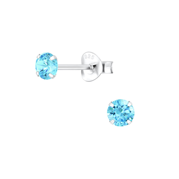 Joy|S - Zilveren oorbellen - 4 mm - aqua turquoise blauw - ronde oorknoppen - zirkonia