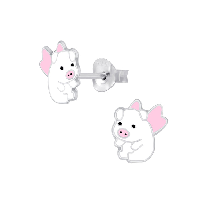 Joy|S - Zilveren varkentje oorbellen met roze vleugeltjes - 7 x 8 mm