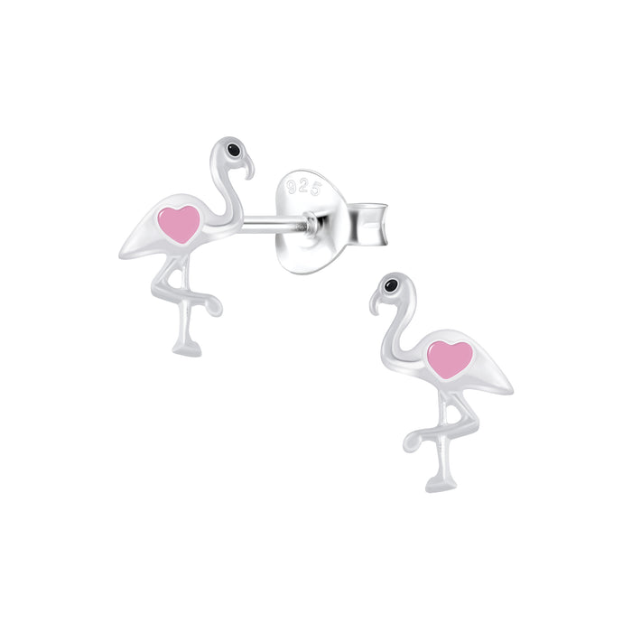 Joy|S - Zilveren flamingo oorbellen - met roze hartje - 6 x 9 mm - kinderoorbellen vogel