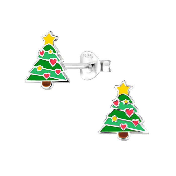 Joy|S - Zilveren kerst oorbellen - kerstboom met hartjes - oorknoppen