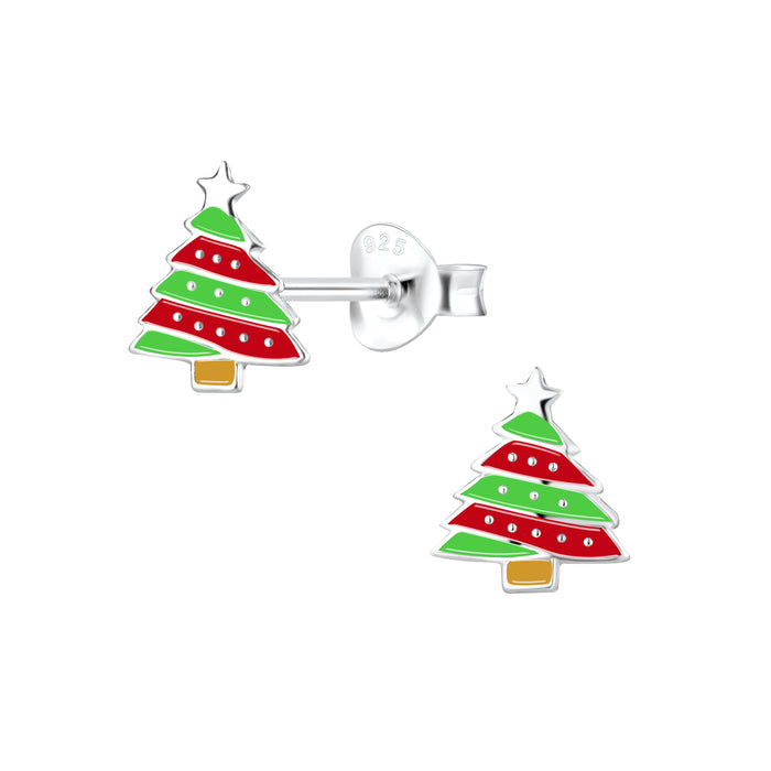 Joy|S - Zilveren kerstboom oorbellen - 7 x 8 mm - groen rood met zilver ster - kerst oorknoppen