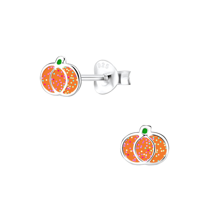 Joy|S - Zilveren pompoen oorbellen - oranje met glitter- 6 x 5 mm